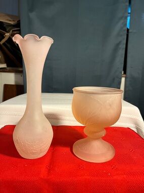 Frosted Pink Glass Vase and Compote Set - Decorative Home Accents